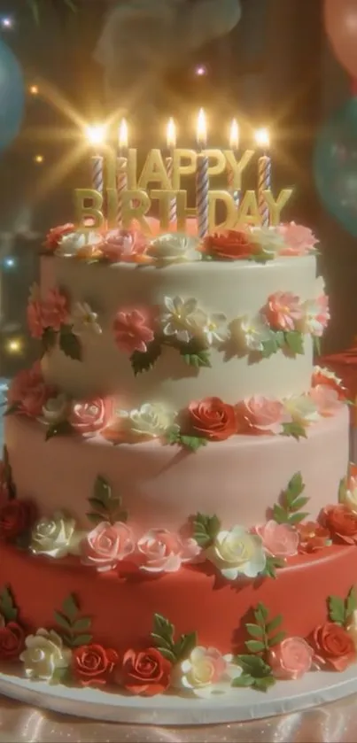 Three-tier birthday cake with flowers and candles.