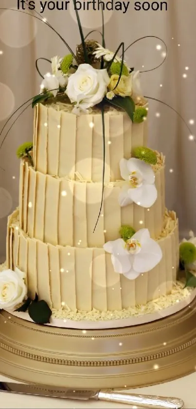 Elegant cake with white roses for birthday celebration.