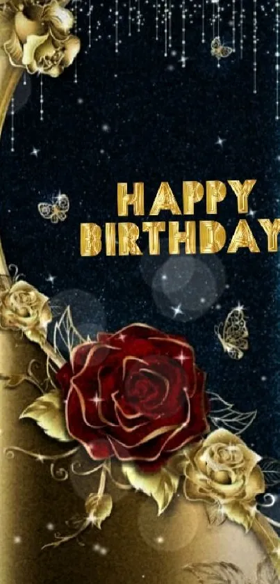 Elegant birthday wallpaper with red rose and golden accents.