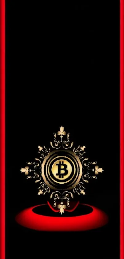 Elegant wallpaper with Bitcoin symbol on black and red background.