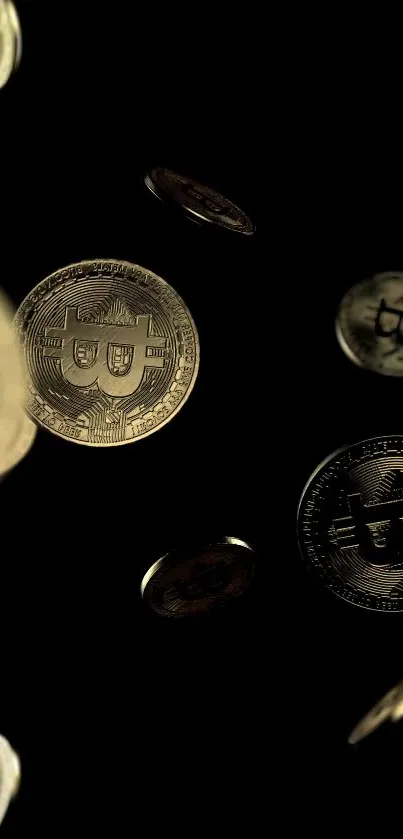 Floating Bitcoin coins on a sleek black background wallpaper.