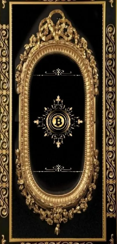 Luxurious gold-framed Bitcoin wallpaper on a black background.