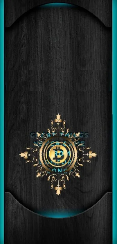 Elegant mobile wallpaper with Bitcoin and teal accents on wood.