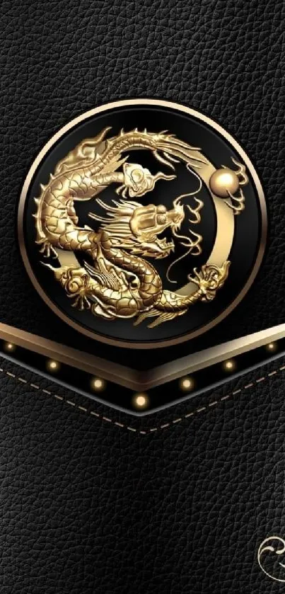 Elegant black leather wallpaper with gold dragon design motif.