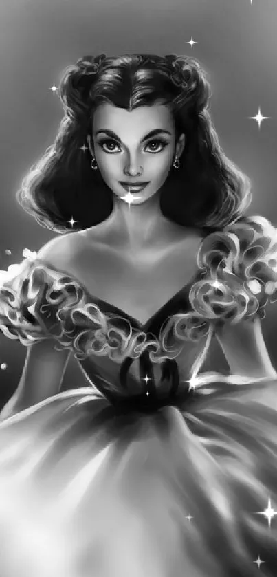 Black and white portrait art of elegant woman in gown.