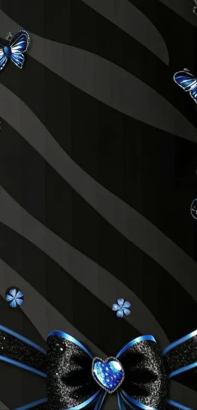 Elegant black and blue wallpaper with butterflies.
