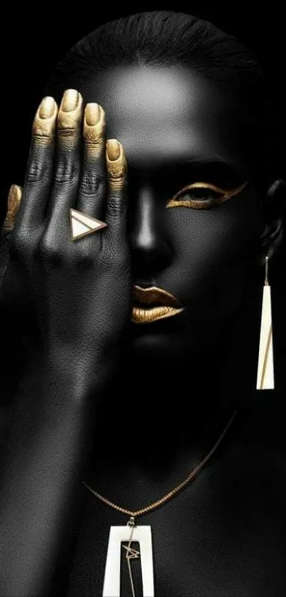 Elegant black and gold artistic portrait mobile wallpaper.