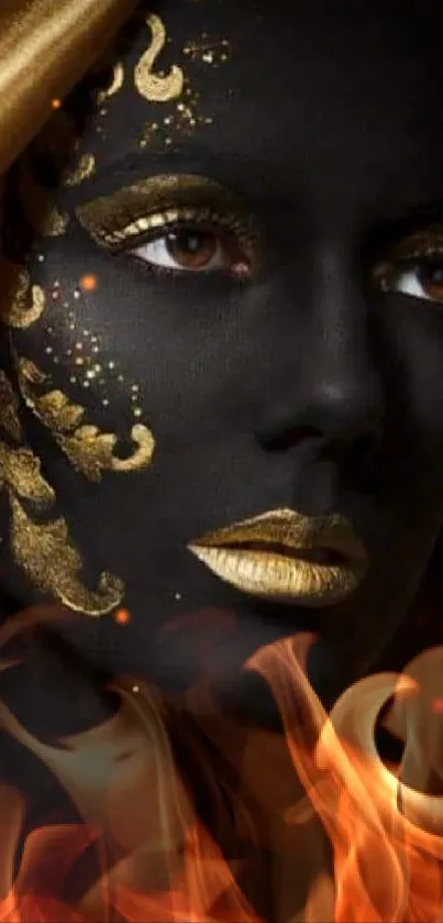 Elegant black and gold face art with dramatic shadows.