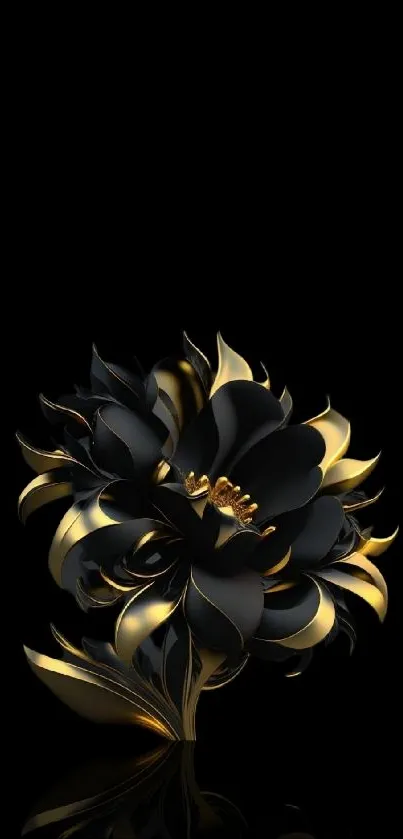 Black flower with gold highlights on dark background.