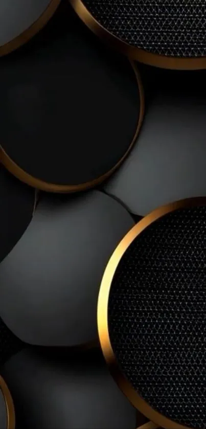 Black circles with gold trim on wallpaper.