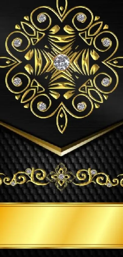 Elegant black and gold wallpaper with diamond accents.