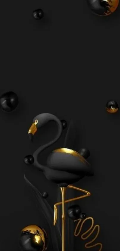 Black and gold flamingo on dark background mobile wallpaper.