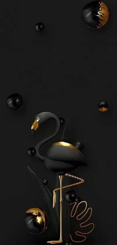 Black and gold flamingo with spheres wallpaper.