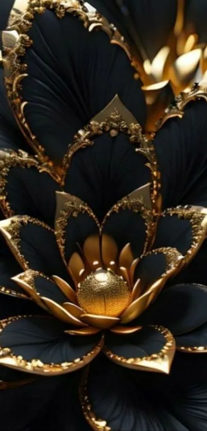 Intricate black and gold floral pattern wallpaper.