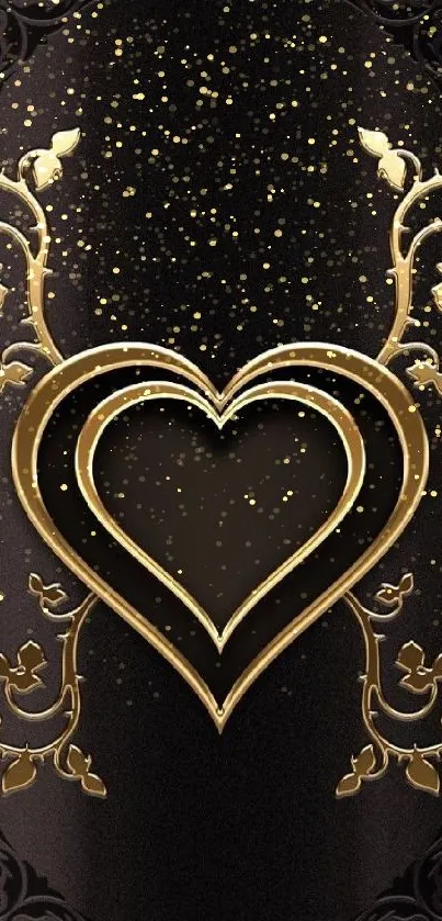 Black and gold heart wallpaper with ornate floral design.