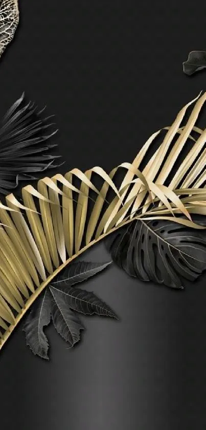 Elegant gold and black tropical leaves wallpaper for mobile.