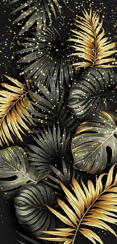 Elegant black and gold leaves wallpaper design.