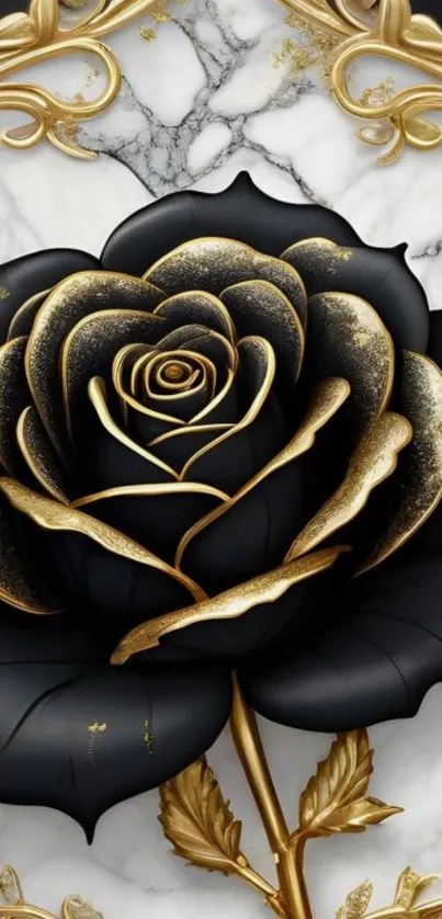 Black and gold rose art with marble background.