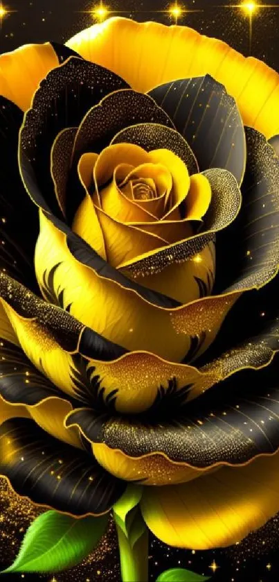 Elegant black and gold rose with glittering effects on a mobile wallpaper.