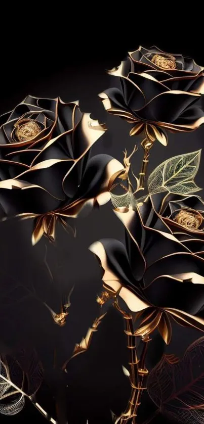 Elegant black and gold roses design wallpaper for mobile device.