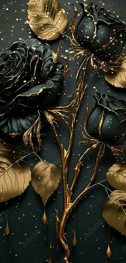 Elegant black roses with gold leaves on dark background.