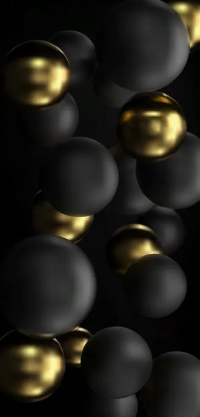 Elegant black and gold spheres on dark wallpaper design.