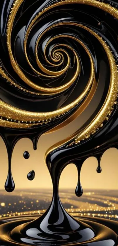 Black and gold swirling liquid wallpaper design.