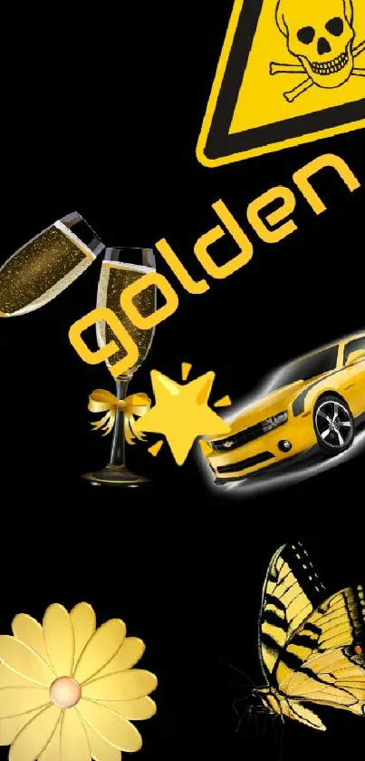 Black and gold wallpaper with car and butterfly.