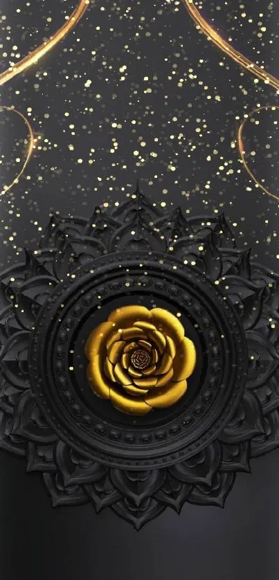 Elegant black wallpaper with gold floral center design.