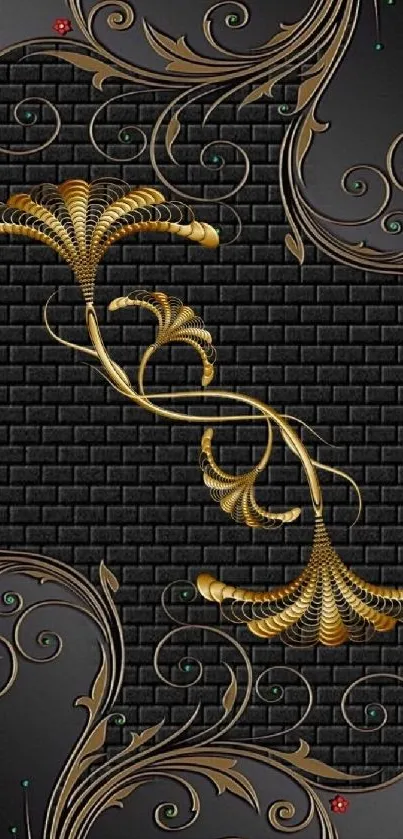 Elegant black and gold wallpaper with intricate floral design.