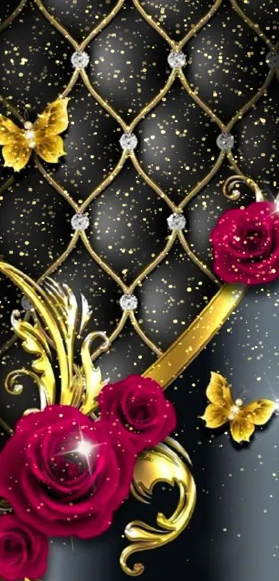 Elegant black and gold wallpaper with roses and butterflies.