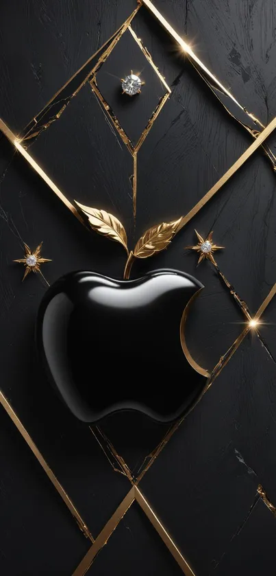 Elegant black and gold wallpaper with 3D apple logo design.