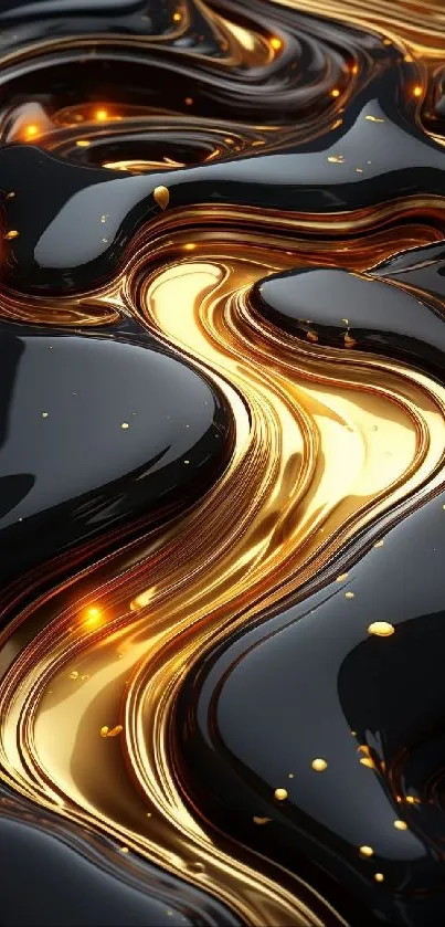 Elegant mobile wallpaper with black and gold liquid waves pattern.