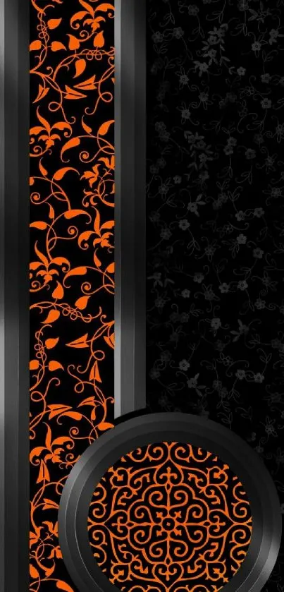 Intricate black and orange floral wallpaper with elegant design.