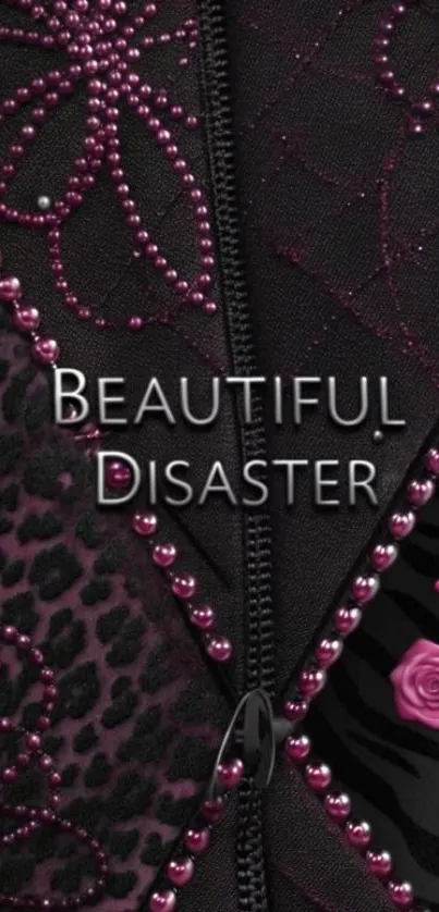 Intricate black and pink wallpaper with floral and bead details.