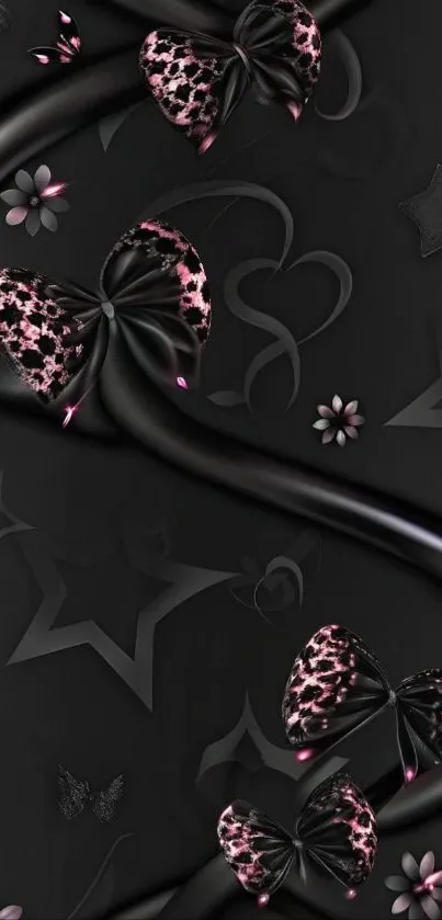 Elegant black wallpaper with pink bows.