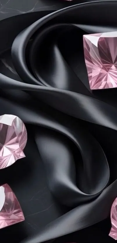 Elegant wallpaper with black silk and pink gems.
