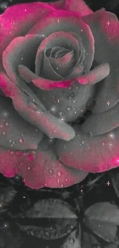 Black and pink rose wallpaper with dew droplets.