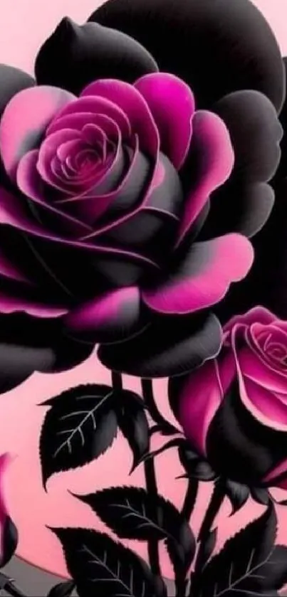 Elegant black and pink roses mobile wallpaper with a pastel background.