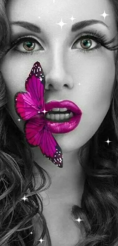 Black and white wallpaper with pink butterfly on lips.