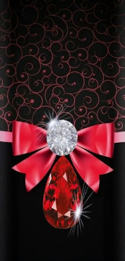 Elegant wallpaper with red bow and gemstone on black background.