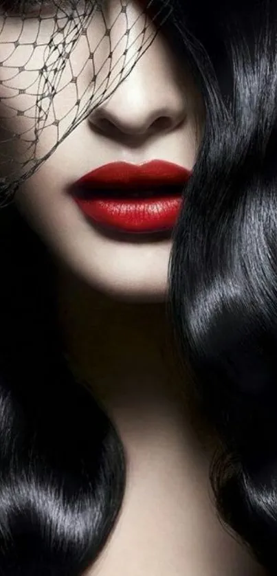 Elegant black and red mobile wallpaper with curls and bold lips.