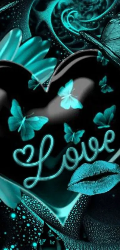 Teal and black heart with butterflies and 'Love'.