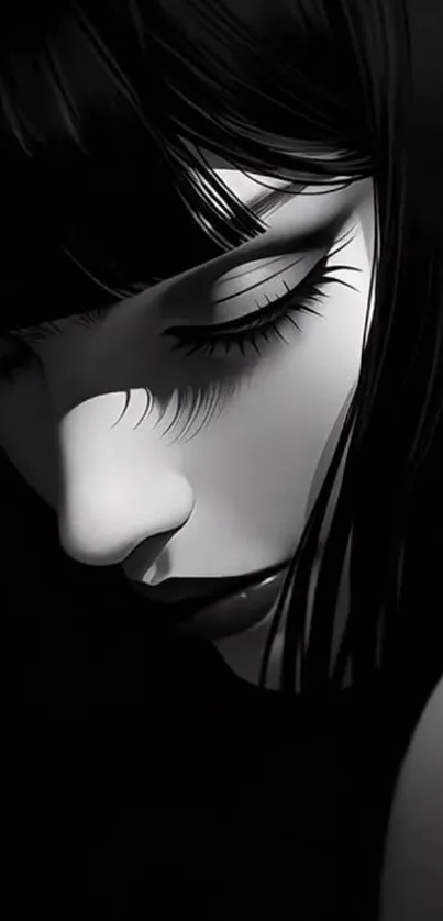 Black and white serene anime portrait artwork