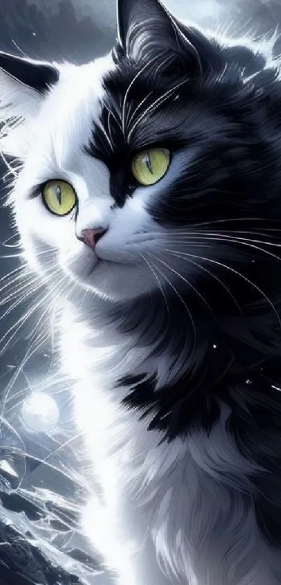 Stylish black and white cat with vivid yellow eyes.