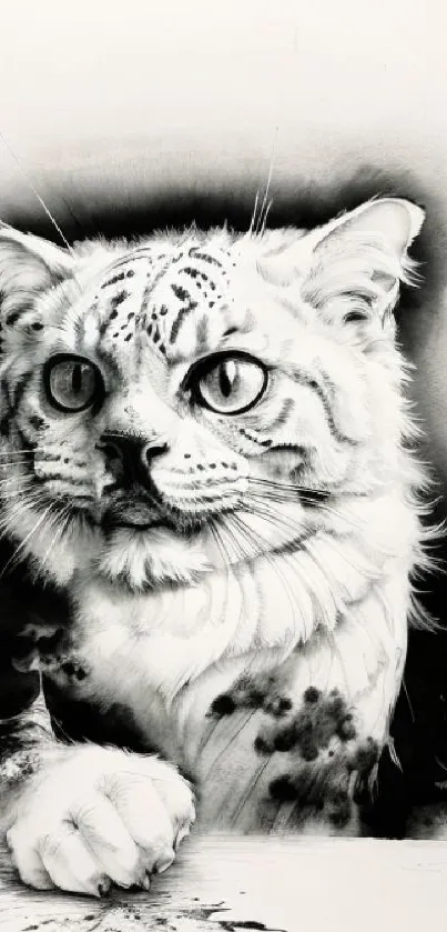 Artistic black and white cat illustration with intense gaze.