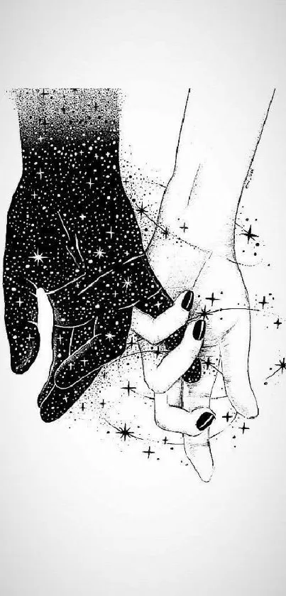 Black and white cosmic hand illustration with stars.