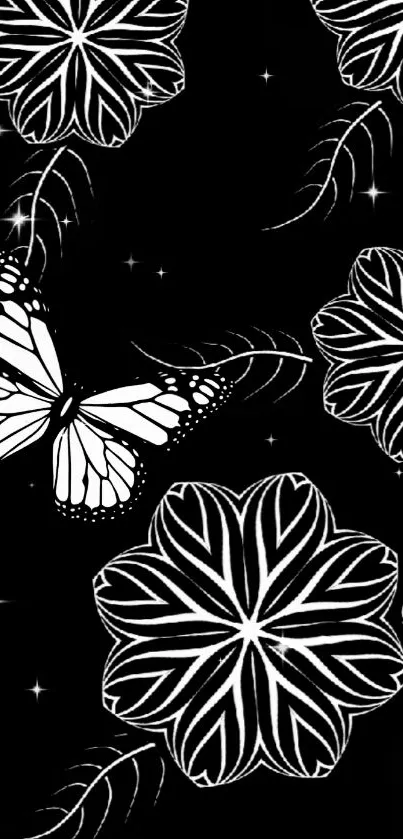 Black and white butterfly with geometric flowers wallpaper design.