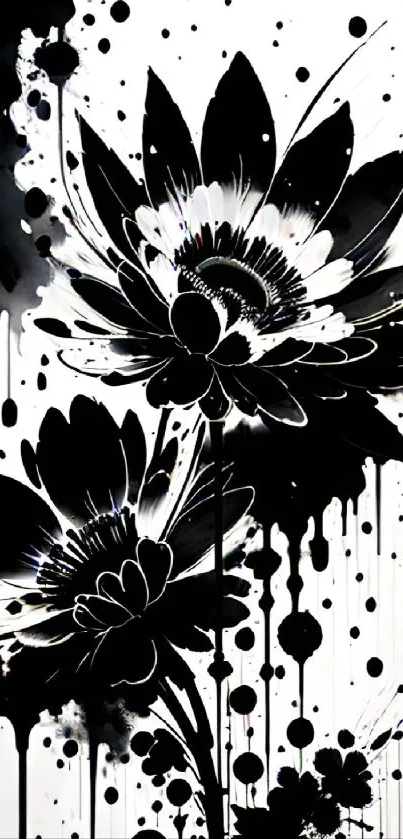 Elegant black and white floral wallpaper with bold flower design and splatters.