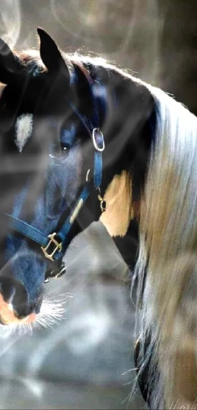 Black and white horse with elegant mane in portrait view.